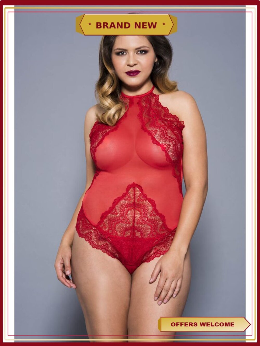 Plus Size Lace Teddy Bodysuit with Sheer Back & Scalloped Trim
